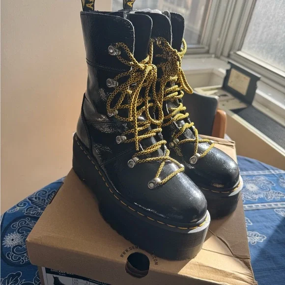 Dr Marten Black Platform Boots with Yellow Laces - Picture 2 of 8